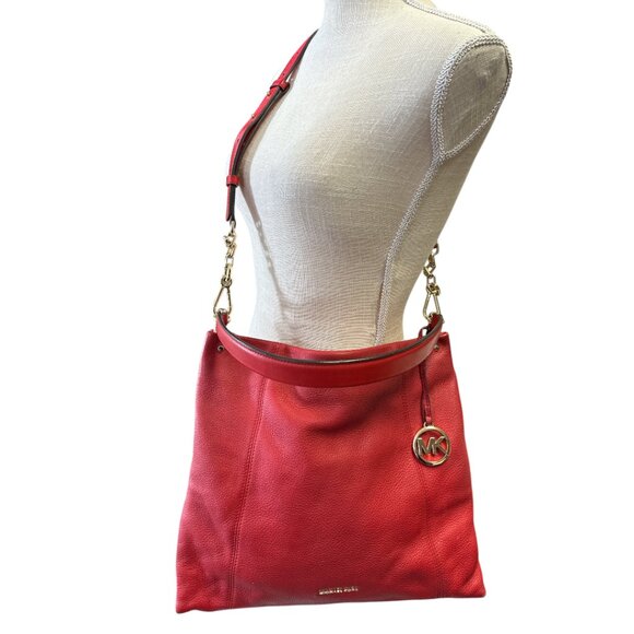 Michael Kors Red Leather Crossbody Hobo Handbag Bag Shoulder - Picture 1 of 16